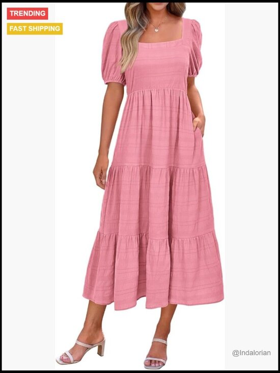 Dresses & Skirts - Polyester Puff Sleeve Square Neck Smocked Back A-Line Midi Dress